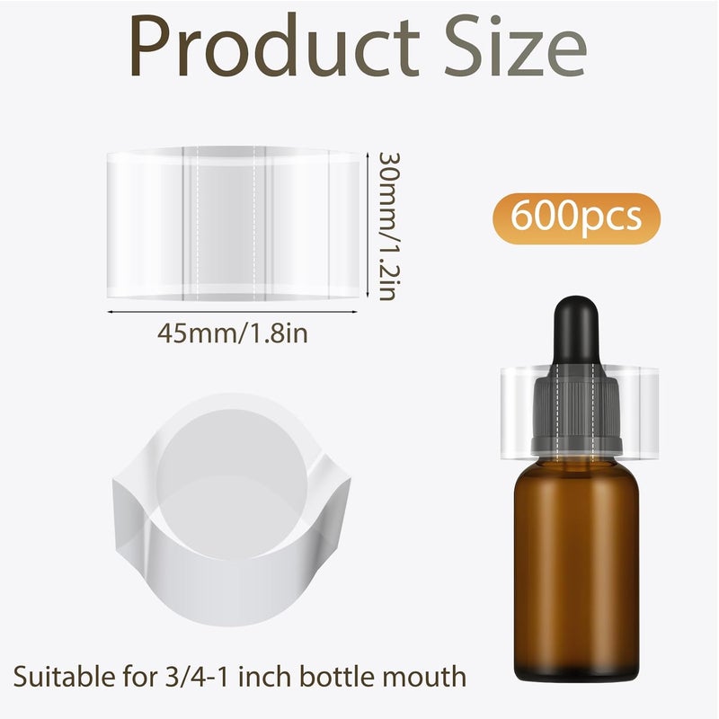 FOJOO 600Pcs Shrink Wrap Bands for Bottles Jars – 45x30mm Clear Heat Shrink Seals, Easy to Use with Hair Dryer or Heat Gun, Tamper Evident Bottle Seals for Essential Oil, Dropper, Test Tube Caps - Image 2